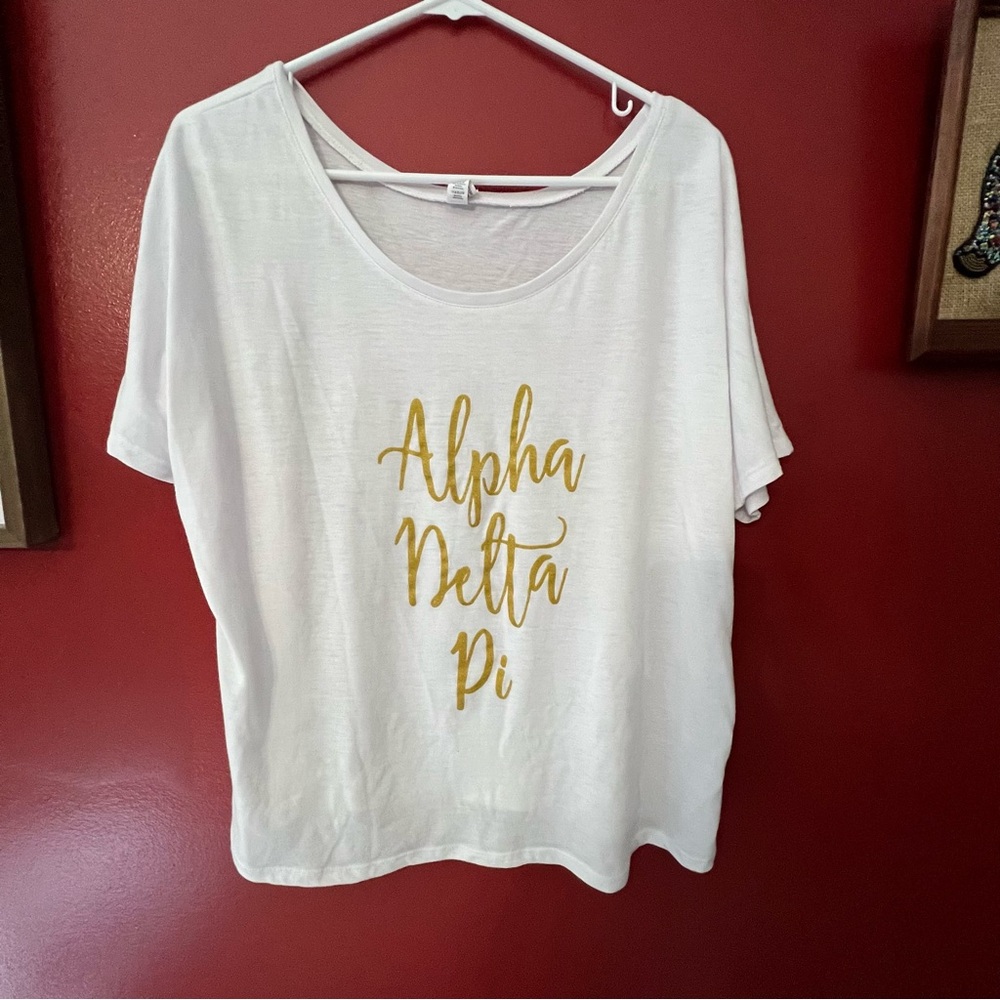 White T-Shirt by Bella Canvas size Large with Gold Lettering Alpha Delta Pi